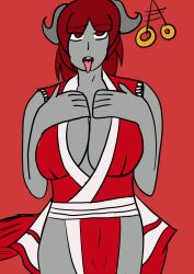 cosplay empty_eyes fatal_fury female_only femsub grey_skin horns king_of_fighters lilith_gremory_(lillygremory) mai_shiranui ninja original pendulum red_hair shysketches succubus tongue tongue_out