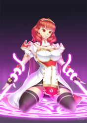 breasts celica_(fire_emblem) corruption empty_eyes femsub fire_emblem fire_emblem_echoes gloves glowing gradient_background hadant kneeling large_breasts magic magic_circle nintendo opera_gloves red_eyes signature simple_background solo sword tentacles thighhighs thighs weapon