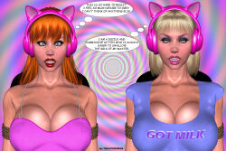  3d bare_shoulders blonde_hair blue_eyes blush breasts cat_ears cleavage collarbone expressionless fake_animal_ears female_only femsub headphones huge_breasts hypnoman long_hair looking_at_viewer open_mouth orange_hair original pink_lipstick pov pov_dom red_lipstick short_hair tech_control text 