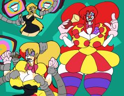  absurdres blonde_hair breasts cleavage clown clown_girl clownification happy_trance hypnotic_screen kaa_eyes large_breasts long_hair lordebonfuze original red_hair robot tech_control thighhighs transformation twintails 