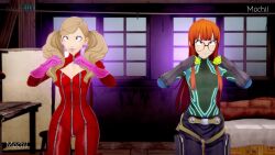  3d ann_takamaki blonde_hair bouncing_breasts chicken_pose clothed english_text female_only femsub futaba_sakura glasses gloves happy_trance koikatsu! lunastra mochi_dance orange_hair persona_(series) persona_5 purple_eyes text video 