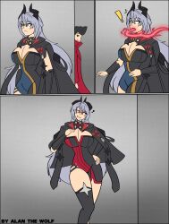  a_(adzrcool45) alan_the_wolf alternate_costume black_hair blue_eyes blush breast_fondling breasts character_request cleavage coat comic costume eldreda_sunbringer eye_color_change femsub glowing_eyes hand_on_hip heart heterochromia heterosexual holding_breasts large_breasts long_hair looking_back maledom oral original possession red_eyes short_hair surprised symbol thighhighs thighs very_long_hair yellow_eyes zenless_zone_zero 