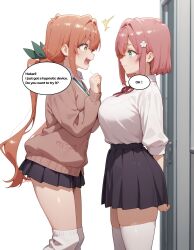 ai_art blonde_hair blush dialogue hakari_hanazono karane_inda large_breasts pink_hair school_uniform text the_100_girlfriends_who_really,_really,_really,_really,_really_love_you twintails