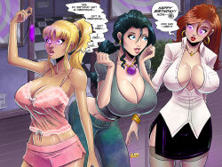  birthday black_hair blonde_hair blue_eyes breasts cleavage complex_background crystal dazed earrings english_text female_only femdom femsub glowing glowing_eyes huge_breasts hypnotic_accessory jeans jewelry lipstick long_hair miniskirt multiple_girls multiple_subs necklace original pendulum ponytail purple_eyes red_hair shono short_skirt signature skirt smile speech_bubble spiral spiral_eyes standing symbol_in_eyes text thighhighs 