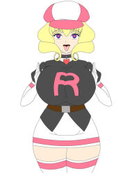  blonde_hair breasts collar curly_hair domino_(pokemon) female_only femsub happy_trance hat heart heart_eyes large_breasts neo-izayoi nintendo open_mouth pokemon pokemon_(anime) purple_eyes solo symbol_in_eyes team_rocket tech_control tongue tongue_out 