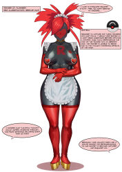  absurdres apron black_skin breasts collar crabhorn dialogue dollification enemy_conversion erect_nipples_under_clothes female_only femsub flannery frills gloves heart_pasties large_breasts large_hips latex maid maid_headdress maledom mask nintendo nipple_piercing opera_gloves pasties piercing pokeball pokemon pokemon_ruby_sapphire_and_emerald red_hair short_hair simple_background speech_bubble standing team_rocket text thigh_boots thighhighs thought_bubble transformation white_background 