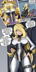  absurdres blonde_hair bodysuit cameltoe cynthia_(pokemon) dazed defeated dialogue drool electricity empty_eyes enemy_conversion english_text erect_nipples erect_nipples_under_clothes eye_roll eyebrows_visible_through_hair femsub garchomp grey_eyes hair_covering_one_eye hair_ornament helmet latex navel nintendo nipples pokemon pokemon_(creature) pokemon_diamond_pearl_and_platinum restrained right_to_left rosvo signature speech_bubble spiral spiral_eyes team_galactic tech_control text tight_clothing very_long_hair 