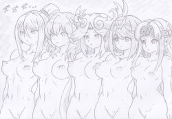  a_link_between_worlds banshou bottomless breasts byleth_eisner circlet cleavage earrings empty_eyes expressionless female_only femsub fire_emblem fire_emblem_three_houses goddess greyscale kid_icarus large_breasts long_hair metroid_(series) mole monochrome multiple_girls multiple_subs nintendo nipples nude palutena ponytail princess_zelda pyra_(xenoblade) samus_aran sketch standing standing_at_attention super_smash_bros. the_legend_of_zelda topless xenoblade_chronicles xenoblade_chronicles_2 