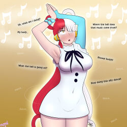 arms_above_head aura aware blush body_control breasts dancer dancing dialogue english_text female_only femsub hypnotic_music hypnovember m00n_key multicolored_hair music one_piece red_hair solo spiralwash_eyes text uta_(one_piece) white_hair