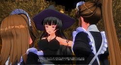 3d black_hair breasts brown_hair custom_maid_3d_2 female_only femdom femsub happy_trance hat large_breasts maid purple_eyes sennoudaisuki tattoo text translated tribal_tattoo witch witch_hat