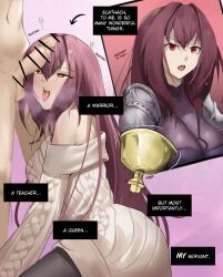  armor bare_shoulders before_and_after breasts cleavage drool english_text eroborne fate/grand_order fate_(series) femsub heart heart_eyes magic maledom multiple_views open_mouth pantyhose penis red_eyes red_hair scathach_(fate/grand_order) signature simple_background sweater symbol_in_eyes text tongue tongue_out very_long_hair 