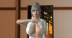  3d absurdres bobboxbody breasts expressionless female_only femsub glasses large_breasts meiko_shiraki open_shirt prison_school ring saluting silver_hair 