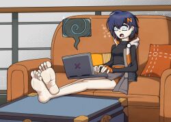 barefoot belle_(zenless_zone_zero) drool feet foot_focus hypnotic_screen pentaguy spiral_eyes tech_control zenless_zone_zero