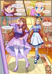 assertive_sub aurora_(cosmicaurora) belt blonde_hair blue_eyes blush breasts brown_hair character_request chibi cleavage clothed comic denial dialogue dress embarrassed english_text eyebrows_visible_through_hair eyeshadow female_only femdom femsub flechitas green_eyes hair_ornament hair_ribbon heterochromia high_heels hypnotic_screen laughing makeup nail_polish open_mouth original purple_eyes ribbon signature small_breasts smile speech_bubble spiral spiralwash_eyes tech_control text thighhighs very_long_hair wholesome