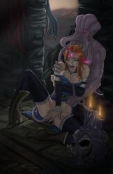 arkuras blue_eyes boots bottomless candle crotch_rub dress dungeons_and_dragons femsub glasses glowing glowing_eyes happy_trance long_hair magic masturbation mind_flayer monster pink_eyes red_hair skirt skirt_lift tentacles thighhighs undressing western