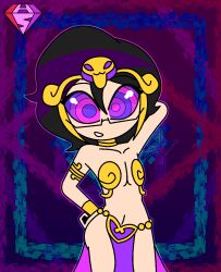  ambiguous_pov bare_shoulders black_hair collarbone eyebrows_visible_through_hair hand_on_hip happy_trance harem_outfit hypnoscream inkrye_varis_figment_(hypnotic-ink) kaa_eyes loincloth looking_at_viewer midriff navel non-binary_sub original posing shantae_(series) shiny_hair smile watermark 