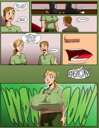  blonde_hair blue_eyes breast_expansion breasts brown_hair clothed collarbone comic femsub green_eyes huge_breasts lakehylia maledom military_uniform necklace open_mouth original pants pocket_watch ponytail short_hair simple_background spiral_eyes standing standing_at_attention symbol_in_eyes t-shirt text 