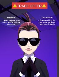 black_hair business_suit consensual dina-m eilisha_shiraini_(thf772) femdom humor meme original sunglasses text