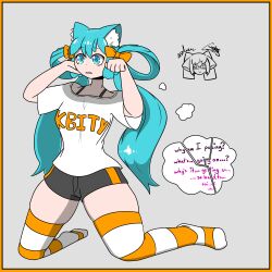 animal_ears bangs blue_hair border breasts cat_ears cat_girl cat_pose expressionless eyebrows_visible_through_hair female_only femsub hair_ribbon kneeling leggings long_hair miku_hatsune open_mouth shirt shorts signature simple_background sobergin spiral_eyes text thick_thighs thighs thought_bubble vocaloid