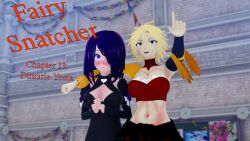 aware black_eyes black_hair blonde_hair blue_eyes blush clothed cover cyanstargazer dimaria_yesta english_text fairy_tail female_only freckles hair_covering_one_eye long_hair multicolored_eyes multiple_girls purple_eyes text