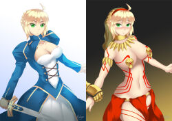 alternate_costume before_and_after blonde_hair body_markings breasts cleavage collar corruption empty_eyes fate/stay_night fate_(series) gilgamesh gradient_background green_eyes hadant large_breasts loincloth nipple_weights saber signature simple_background sword