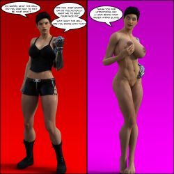  3d bare_legs barefoot before_and_after black_hair bottomless breasts collarbone comic dialogue feet female_only femsub hand_on_hip happy_trance holding_breasts huge_breasts legs marina_jones_(theheckle) midriff muscle_girl navel nude original prosthetic_limb short_hair shorts simple_background smile speech_bubble spiral_eyes symbol_in_eyes tank_top text theheckle topless 