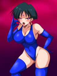 blue_hair blush breasts cleavage crayon_shin_chan earrings gloves heart heart_eyes jewelry large_breasts leotard looking_at_viewer lulu_(crayon_shin_chan) open_mouth opera_gloves sansiki03 short_hair symbol_in_eyes thighhighs tongue tongue_out