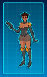 absurdres armor brown_eyes brown_hair cleavage clothed_exposure collarbone dark_skin femsub gloves gun happy_trance high_heels knee-high_boots kneehighs large_breasts no_panties opera_gloves original overwatch pussy see-through sexism skirt smile tattoo tech_control unlikely weapon