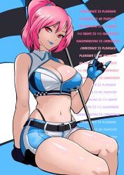 absurdres blue_lipstick breasts bzurrrf cleavage clothed crop_top crystal_(zko) female_only femsub gloves hypnovember large_breasts looking_at_viewer mantra midriff navel original pink_hair ponytail red_eyes short_shorts shorts sitting smile solo thong umbrella