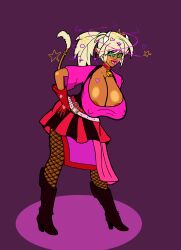  absurdres belt bimbofication blonde_hair blush boots breasts cleavage collar cow_girl cowbell dazed drool erect_nipples femsub ganguro gloves hanging_breasts heart horns huge_breasts jewelry kaa_eyes leaning_forward lipstick lyly original pink_lipstick ponytail purple_background ring standing tail text 