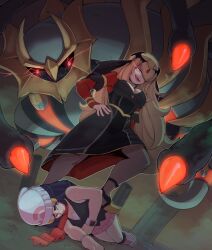  aura blonde_hair blue_hair clothed cynthia dawn evil_smile eye_color_change femsub giratina glowing_eyes hair_covering_one_eye hand_on_hip hypnotized_dom long_hair nintendo nudiedoodles pokemon pokemon_(creature) pokemon_diamond_pearl_and_platinum pokemon_masters possession red_eyes slit_pupils smile stepped_on 