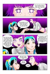 alien_girl bare_shoulders bow brown_eyes cleavage closed_eyes comic dialogue empty_eyes expressionless eyeshadow femdom femsub freckles glowing_eyes green_hair hand_on_another&#039;s_cheek happy_trance horns hypnotic_eyes kimberly_smith_(daveyboysmith9) large_breasts long_hair lum magic multicolored_hair oni_girl original purple_eyes purple_hair purple_lipstick short_hair smile story text urusei_yatsura wadevezecha