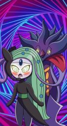  blush chezplix femsub glowing_eyes green_hair hypnotic_tentacle malamar maledom meloetta nintendo open_mouth pokemon pokemon_(creature) pokemon_black_and_white pokemon_x_and_y spiral spiral_eyes spiralwash_eyes tagme tentacles yellow_sclera 