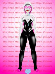 bimbofication bodysuit breasts drool gwen_stacy happy_trance humiliation mantra marvel_comics saltygauntlet smile spider-gwen spider-man_(series) spiral_eyes standing standing_at_attention symbol_in_eyes text thighs tight_clothing