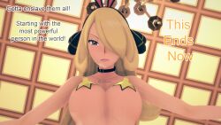 angry ash_ketchum aware blonde_hair breasts bunny_ears bunnysuit choker clothed clothed_exposure cynthia dialogue english_text grey_eyes hair_covering_one_eye mustardsauce necklace pasties pokemon pokemon_(anime) star_pasties text