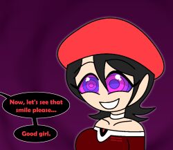 adeleine aged_up alternate_costume aura bare_shoulders beret black_hair choker collarbone english_text eyebrows_visible_through_hair eyelashes femsub good_sub_conditioning happy_trance hat hypnoscream kirby_(series) large_breasts multicolored_eyes nintendo pov_dom ring_eyes short_hair simple_background smile speech_bubble