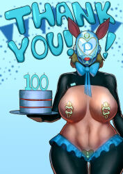 abs absurdres animal_ears barcode bow bow_tie breasts breasts_outside bunny_ears cake clothed_exposure crabhorn environmental_text exposed_chest fake_animal_ears female_only femsub food frills huge_breasts large_hips latex lipstick mask milestone_celebration navel nipple_clamps nipples original pasties reverse_bunnysuit short_hair simple_background solo standing standing_at_attention tech_control tray waitress 