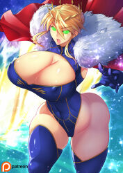 artoria_pendragon artoria_pendragon_(lancer) blonde_hair breasts cape cleavage erect_nipples fate/grand_order fate_(series) female_only femsub glowing glowing_eyes green_eyes haganef huge_ass huge_breasts large_hips long_hair looking_at_viewer manip misterman4_(manipper) open_mouth saber solo spiral_eyes symbol_in_eyes thick_thighs thighhighs