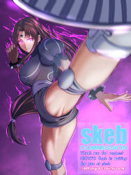 aura boots brown_hair chun-li cuffs expressionless female_only femsub glowing glowing_eyes gradient_background hayato_rock knee_pads large_breasts leotard long_hair microchip pink_background pink_eyes signature spread_legs street_fighter street_fighter_ii_v tech_control text