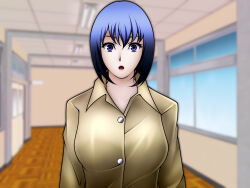 blue_hair clothed female_only femsub miura_hiromichi open_mouth original short_hair surprised teacher