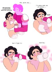  age_regression amputee bib black_hair blush bottle cartoon_network diaper dual_persona fat force_feeding male_only maledom malesub mittens pink_eyes pink_hair resisting rosesnorts spiral_eyes steven_(steven_universe) steven_universe symbol_in_eyes tears text 