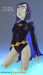 3d absurdres breasts dc_comics female_only femsub glowing glowing_eyes grey_skin hypnotic_accessory large_breasts leotard microchip open_mouth purple_hair raven source_filmmaker super_hero supercasket tech_control teen_titans text