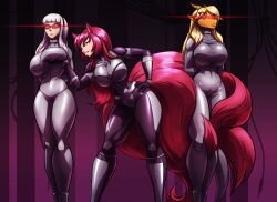 absurdres anno_(anno) blonde_hair bodysuit breasts collar corruption dream_searcher_(belgian) drone expressionless female_only fembot femdom femsub fox_ears fox_girl fox_tail graybot high_heels jaclyn_(corruptionprincess) kitsune_girl large_breasts latex long_hair original red_eyes red_hair robot robotization saluting smile standing standing_at_attention tech_control toughset white_hair
