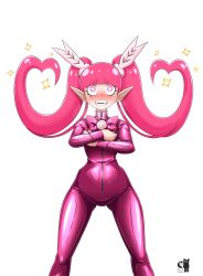 absurdres bangs barbatos_bachiko blush bodysuit bow_tie charm_(spell) demon_girl elf_ears femsub hair_ornament heart heart_eyes latex long_hair mairimashita!_iruma_kun nipple_play nipple_tweak pink_eyes pink_hair rosvo signature simple_background sparkle straight-cut_bangs symbol_in_eyes twintails very_long_hair white_background zipper