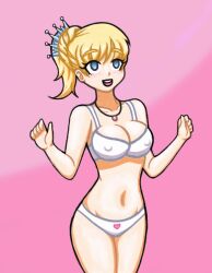 alternate_hair_color bimbofication blonde_hair blue_eyes blush bra breasts cleavage crown empty_eyes erect_nipples glowing gradient_background happy_trance heart httpwwwcom jewelry large_breasts navel necklace open_mouth panties ponytail rwby short_hair smile solo standing underwear weiss_schnee