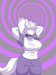  arms_above_head blue_eyes breasts clothed female_only femsub furry hyena_girl hypnotic_accessory katsiika pants shirt solo spiral_background spiral_eyes symbol_in_eyes tagme tail 