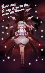  alternate_costume alternate_hair_color aura bare_legs body_markings corruption crossover dress english_text evil_smile femsub flandre_scarlet floating glowing glowing_eyes happy_trance hat kachuten king_of_fighters orochi_(kof) ponytail possession red_eyes shoes side_ponytail slit_pupils smile tattoo text touhou white_hair wings 