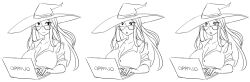 breasts cleavage computer drool femsub greyscale hat hypnotic_screen large_breasts long_hair manip monochrome original sketch spiral_eyes symbol_in_eyes tech_control tiechonortheal_(manipper) traditional witch_hat