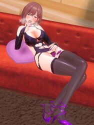  bare_shoulders blush breasts brown_hair cleavage couch crossed_legs dfish303 dress drool earrings empty_eyes female_only femsub fingerless_gloves gloves higuchi_(dfish303) large_breasts looking_at_viewer nail_polish navel navel_piercing open_mouth opera_gloves orange_eyes original piercing sexually_suggestive shoes short_hair sitting solo sweat tattoo thighhighs tongue tongue_out underwear v 