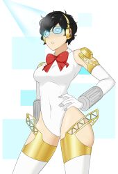  aegis_(persona) black_hair blue_eyes bow breasts clothed cosplay dazed femsub genderswap glasses gloves glowing glowing_eyes hand_on_hip headphones joker_(persona_5) manip open_mouth persona_(series) persona_3 persona_5 ribbon sealguy short_hair solo standing thighhighs 